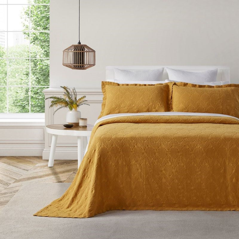 Saffron King bedspread by BAKSANA with stonewashed floral design, includes two Oxford pillowcases, made from OEKO-TEX certified cotton.