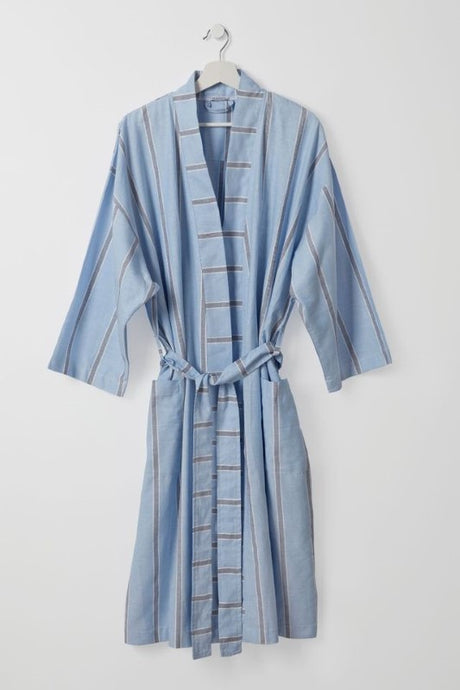 Breathable light blue kimono robe with dark blue stripes, featuring two pockets and a waist tie, made from 100% cotton.