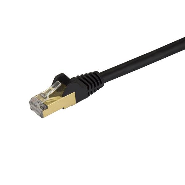 Black 0.3m CAT6a Ethernet Cable for 10GbE connections, featuring snagless connectors and 100% copper construction.