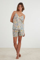 Cami short PJ set in green floral design with adjustable straps and elastic waistband, made from 100% cotton voile.