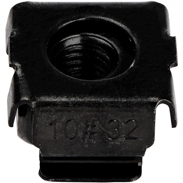 Black 10-32 cage nuts in a 50-pack for secure rack mount installations and reliable server performance.