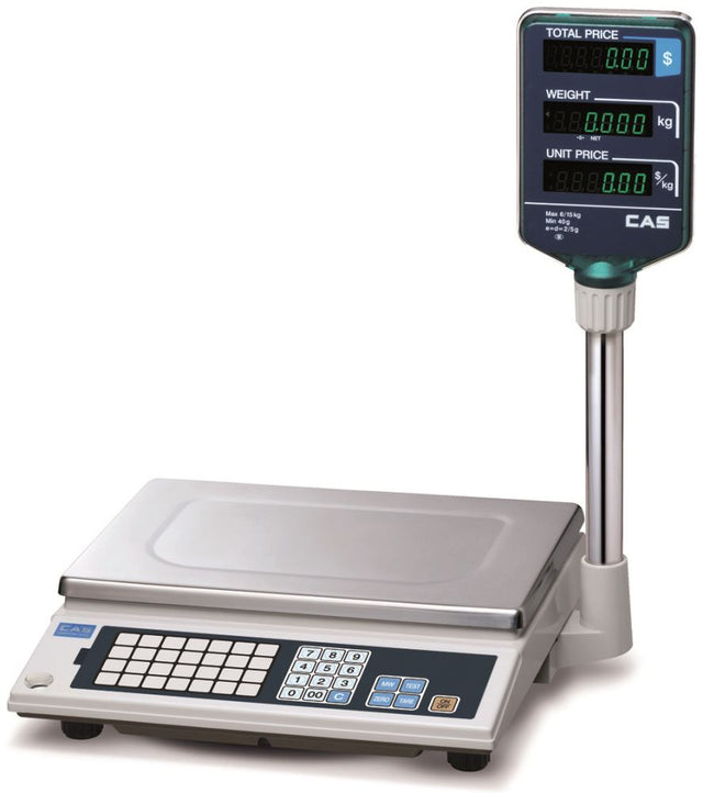 Digital weighing scale CAS AP-30 with 15/30kg capacity, 28 PLUs, stainless steel platter, ideal for retail environments.