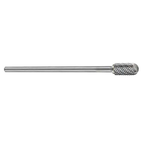 Carbide burr with 3/8-inch head, 3/4-inch flutes, designed for precision cutting on ferrous metals.