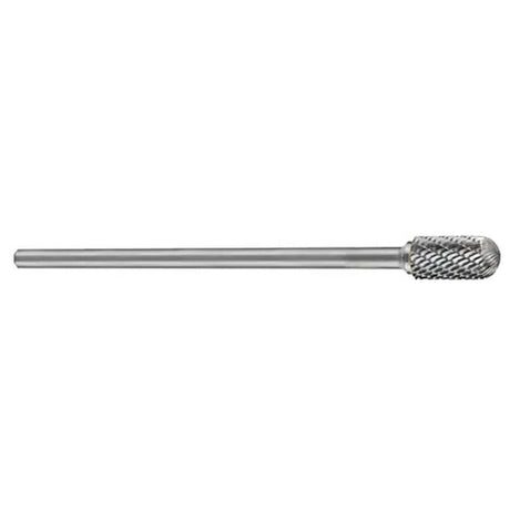 Premium 1/2-inch carbide burr with round radius end for precise machining on ferrous metals; perfect for shaping and smoothing.