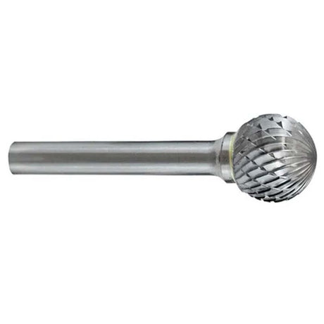 Ball-shaped carbide burr for precision cutting and material removal, 5/8" head, 1/4" shank, ideal for ferrous metals.