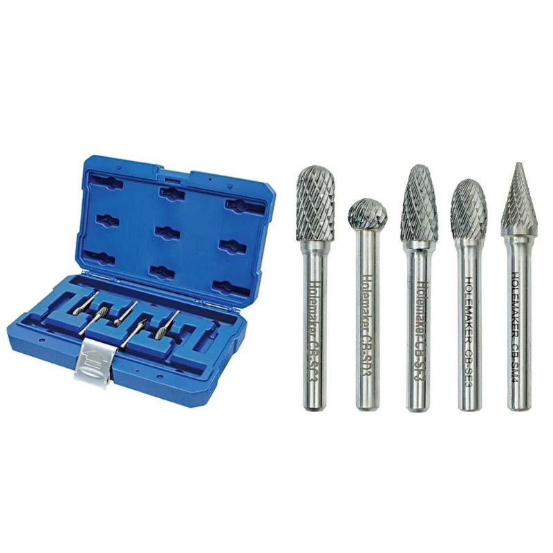 "Set of 5 durable carbide burrs for precision machining, featuring 3/8 inch heads and double cut geometry for efficient metalworking."