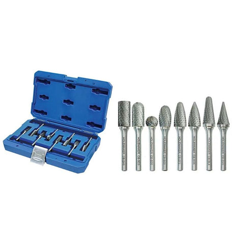 High-quality 8pc carbide burr set with 1/2in heads for precise metalworking, featuring various shapes for versatility.