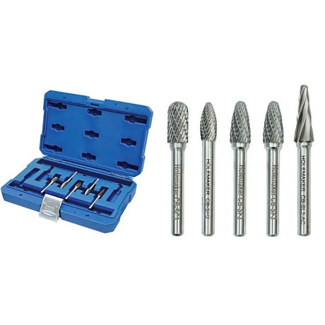 Five-piece carbide burr set with double cut geometry, ideal for shaping and detailing ferrous metals in metalworking.