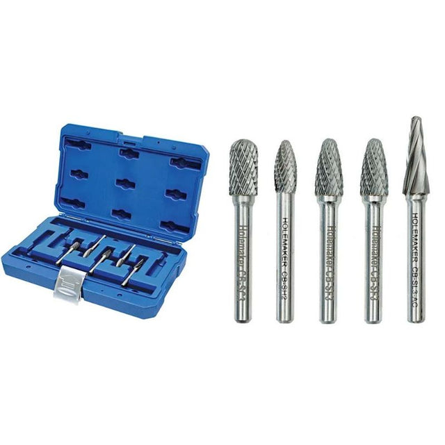 Five-piece carbide burr set with double cut geometry, ideal for shaping and detailing ferrous metals in metalworking.