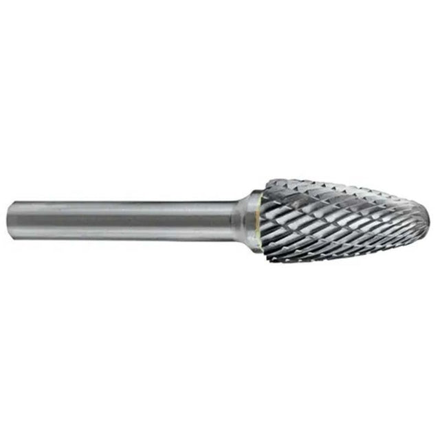 Carbide burr with 1/8" head, ideal for precision cutting, shaping, and smoothing ferrous metals in tight spaces.