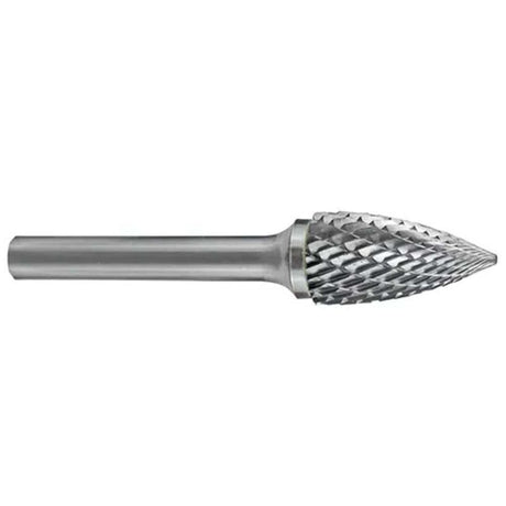 Carbide burr with a tree pointed end, ideal for precision metal shaping and cutting in tight spaces.