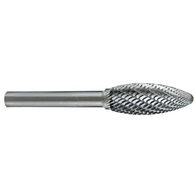 Holemaker Carbide Burr Flame Shape, 1/8" head, double cut for precision metal shaping and smoothing tasks.