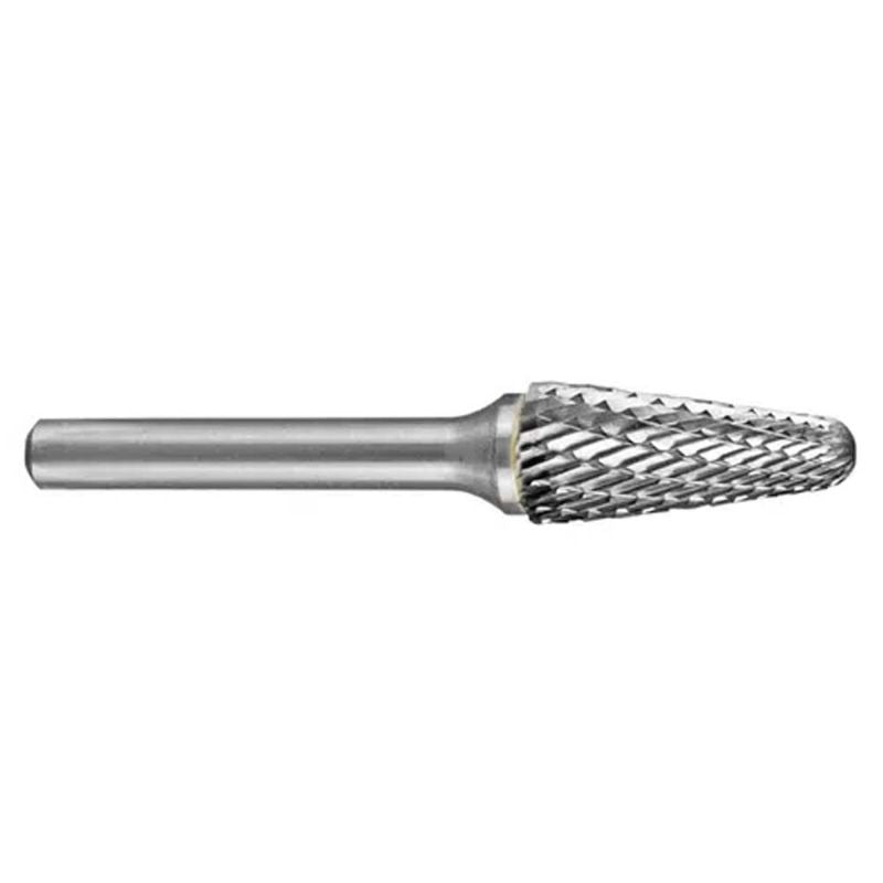 Carbide burr with a 3/4-inch head, tapered radius, ideal for precision metalworking and cutting ferrous metals smoothly.