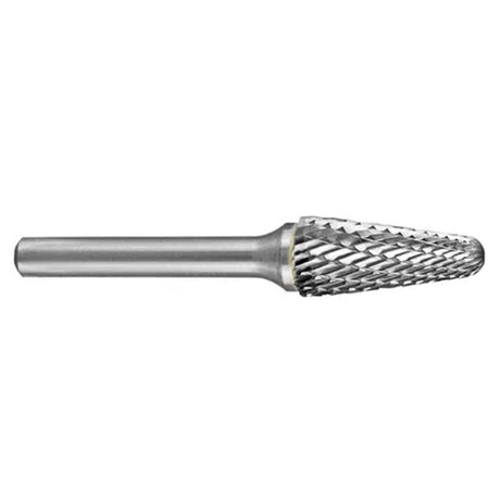 Carbide burr with a 3/4-inch head, tapered radius, ideal for precision metalworking and cutting ferrous metals smoothly.