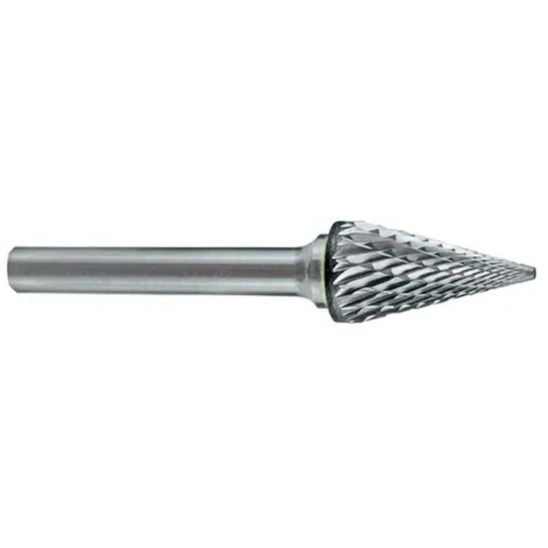 Cone-shaped carbide burr designed for precision metalworking, featuring a 1/8" head and double cut for efficient cutting.