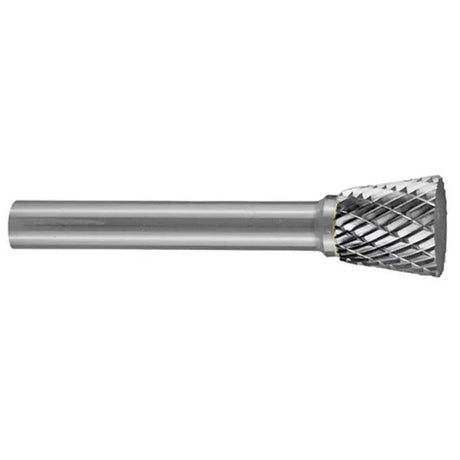 Inverted cone carbide burr for metalworking, 5/8" head, 3/4" flute, double cut, durable, 1/4" shank, 18° angle.