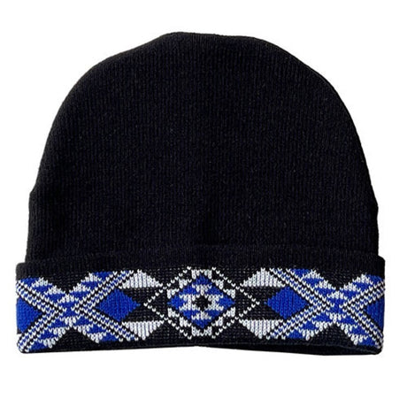 Handcrafted Royal Blue Taniko beanie made from black, blue, and white wool, perfect for style and warmth in colder months.