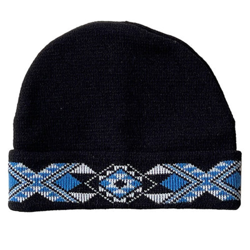 Stylish Light Blue Taniko beanie made from black, blue, and white wool, ideal for warmth and fashion in chilly seasons.