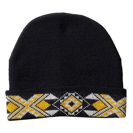 Cozy black beanie with yellow Taniko design, handcrafted in New Zealand from wool, perfect for all head sizes.