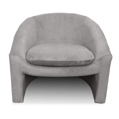 Stylish grey corduroy occasional chair with solid wood frame and plush foam cushion for comfort and elegance.