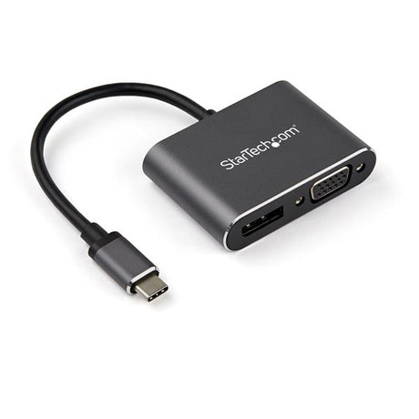 USB C Multiport Video Adapter in Space Gray for 4K HDR output; connects USB-C devices to VGA or DisplayPort displays.