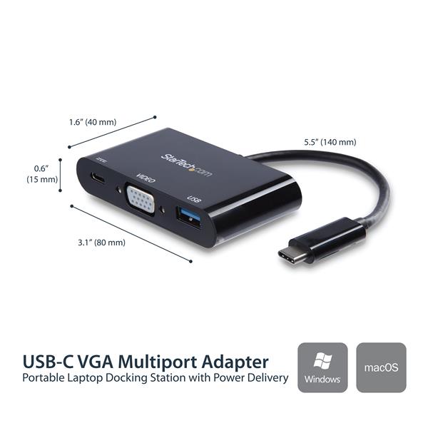 USB-C to VGA Multifunction Adapter with Power Delivery and USB-A Port