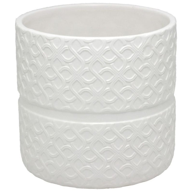 Round textured ceramic pot in matte white, perfect for indoor plants, featuring a modern design and durable high-quality finish.