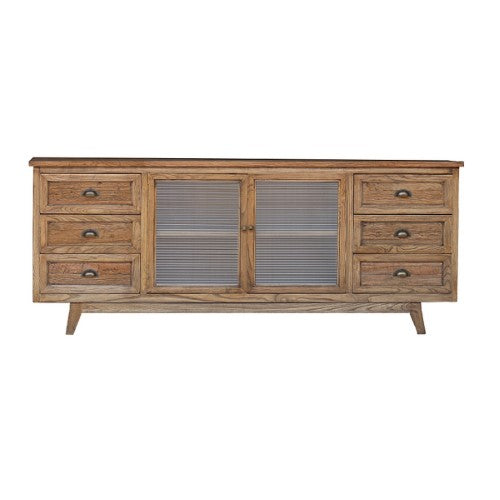 Elegant reclaimed oak sideboard with glass doors, showcasing natural grain, perfect for stylish storage and display.