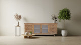 Reclaimed oak sideboard with glass doors, featuring natural grain, ample storage, and a blend of rustic and modern design.