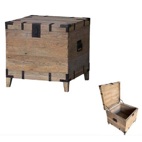 Trunk sidetable made of reclaimed natural oak, featuring unique grains and vintage trunk design, perfect for any decor.