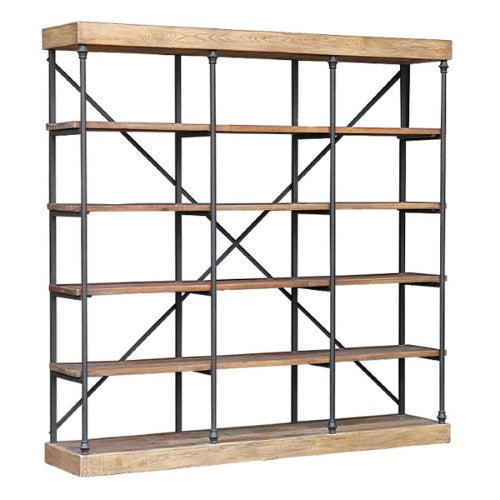 Large reclaimed elm and iron bookcase featuring spacious shelves, ideal for organizing books and decor in style.