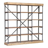 Large reclaimed elm and iron bookcase featuring spacious shelves, ideal for organizing books and decor in style.