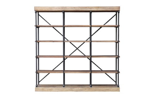 Large reclaimed elm and iron bookcase, measuring 2.13m, with spacious shelves for books and decor, blending functionality and style.