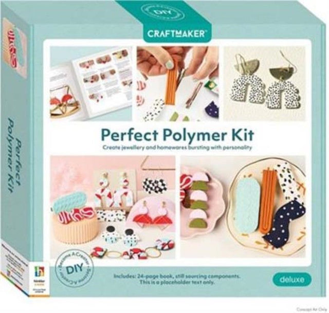 Colorful Polymer Clay Jewellery Kit featuring tools and guide for crafting earrings and hair clips at home.