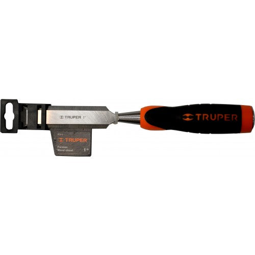 Wood chisel with rubber grip, chrome vanadium steel, 25mm width, ergonomic handle, designed for precise woodwork.