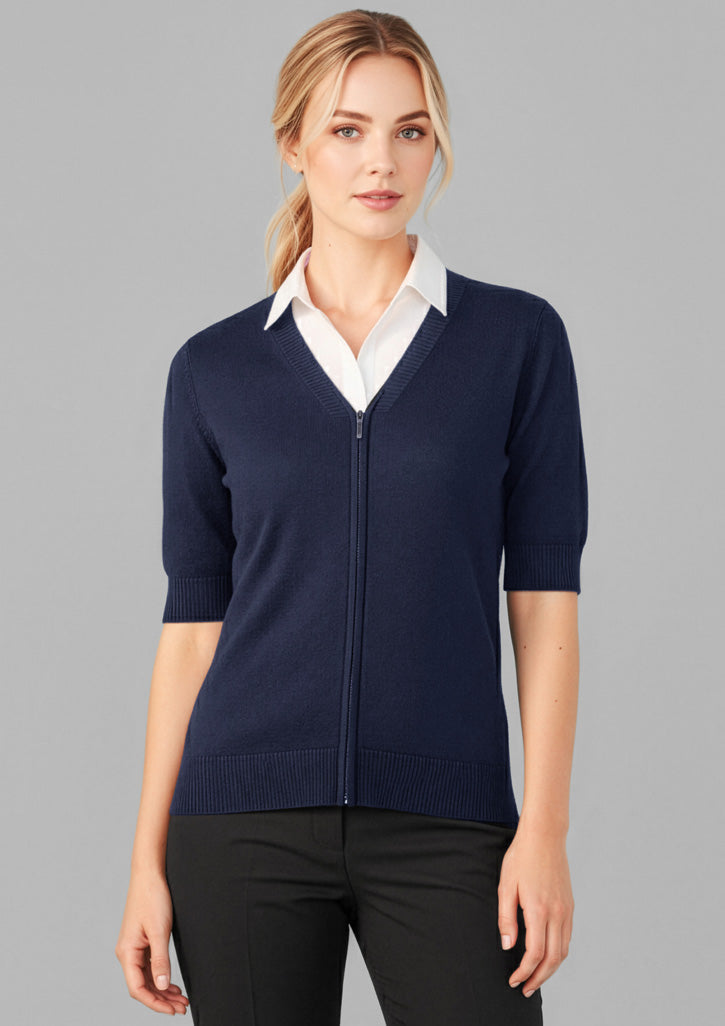 Zip Front Womens Short Sleeve Knit Cardigan - Navy