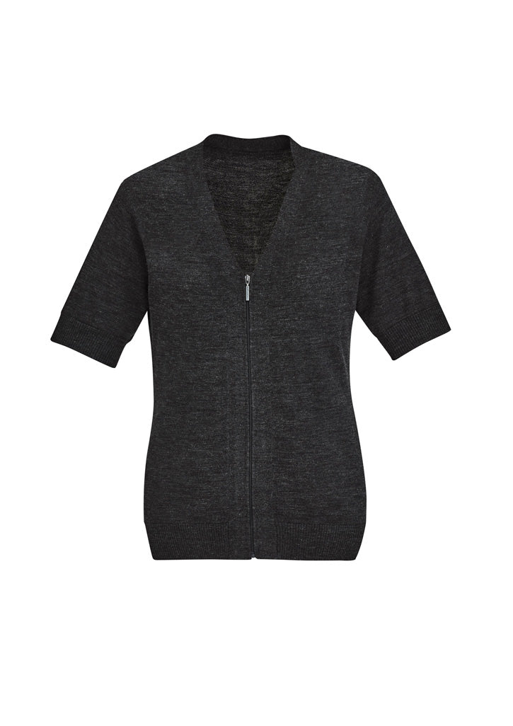 Zip Front Womens Short Sleeve Knit Cardigan - Charcoal