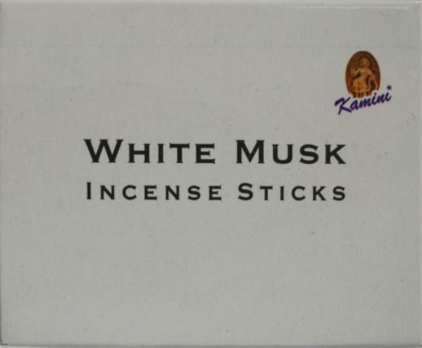 Kamini White Musk Cones box with 12 packs of 10 cones and a metal stand for aromatic ambiance.