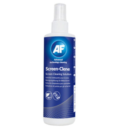 AF Screen-Clene 250ml bottle showcasing eco-friendly, alcohol-free solution for cleaning screens without streaks.