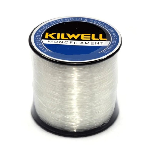 Clear 12lb monofilament fishing line, 1000m long, with high abrasion resistance and excellent knot strength.