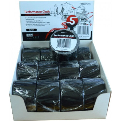 Black Tape Cloth Display Box with 12 rolls, 36mm x 5m, ideal for crafting, repairs, and versatile indoor/outdoor use.