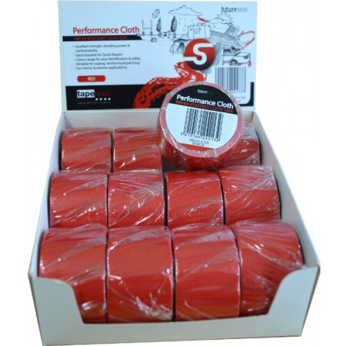 Red cloth tape display box featuring 12 pieces (36mm x 5m) for versatile crafting and repair with strong adhesive properties.