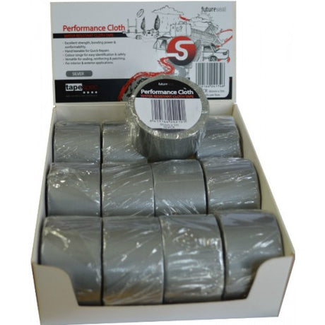 Silver tape display box with 12 robust 36mm x 5m rolls, ideal for crafting and repairs, featuring strong adhesive and moisture resistance.