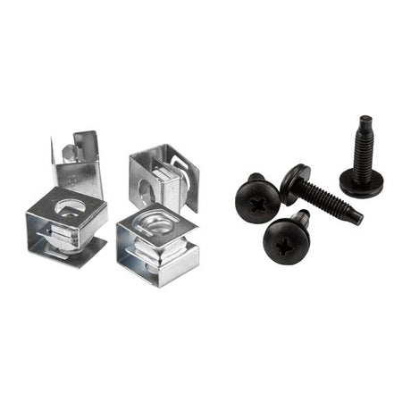 High-quality 10-32 server rack screws and slide-on cage nuts for secure mounting, ideal for servers and network equipment.