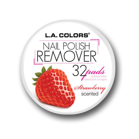 LA Colors Strawberry Nail Polish Remover Pads in a pack, featuring convenient pre-moistened pads with a sweet strawberry scent.