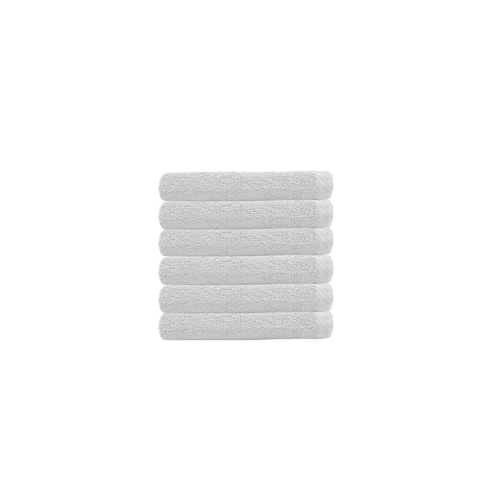 White cotton face washers in a 6-pack, 33x33cm, designed for effective cleansing and long-lasting durability.