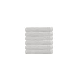 White cotton face washers in a 6-pack, 33x33cm, designed for effective cleansing and long-lasting durability.