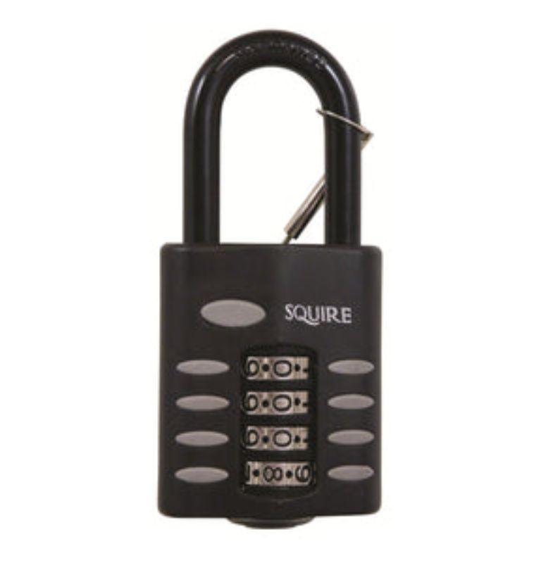 Durable 50mm Squire combination padlock with 38mm shackle, 10,000 codes, and double locking for enhanced security.