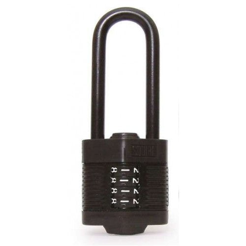 Black 50mm combination padlock with hardened steel shackle, offering 10,000 code options for security on gates and sheds.