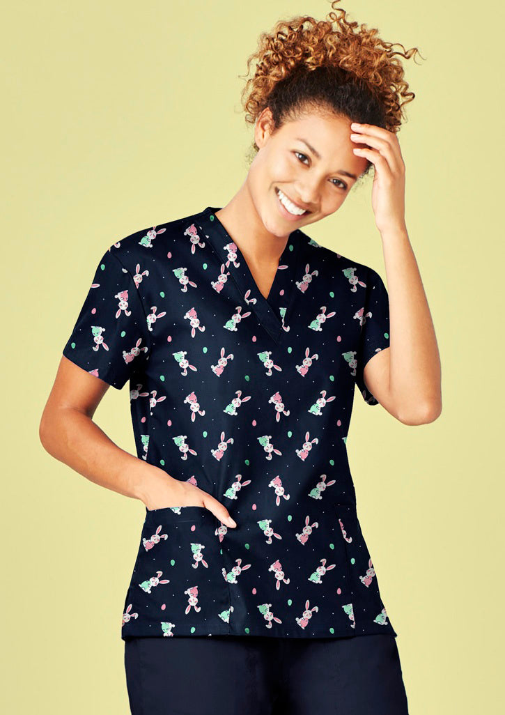 Womens Easter V-Neck Short Sleeve Scrub Top - Midnight Navy